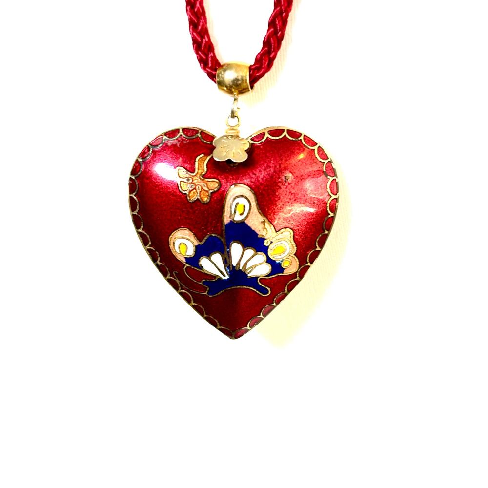 Vintage Red Cloisonné Puffy Heart Pendant Red Braided Cord Necklace - Picture 2 of 5